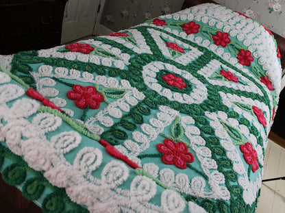 Dazzling Vintage Green Chenille Bedspread, Plush Cherry Pink Red Roses, Full Size