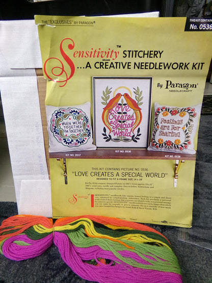 LOVE CREATES a SPECIAL World Vintage Crewel Embroidery Kit, Paragon Creative Stitchery #0536, Boho Hippie 1970s Needlework Design