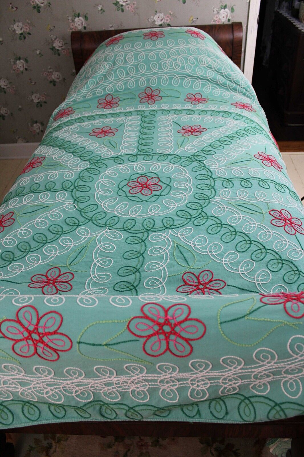 Dazzling Vintage Green Chenille Bedspread, Plush Cherry Pink Red Roses, Full Size