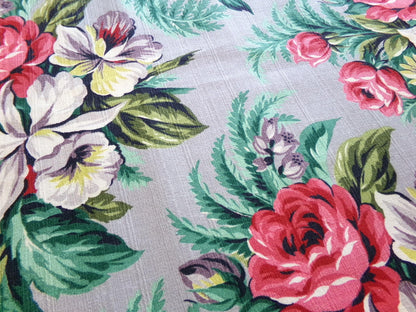 Silver Grey Botanical Vintage Barkcloth Fabric, Tropical Exotic Floral Print, 22" x 24" inches, Ideal Fabric Piece for Pillows