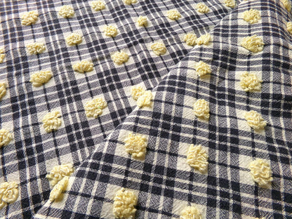 unique black plaid vintage chenille fabric, 18" x 24" piece of sewing material w/ yellow pops