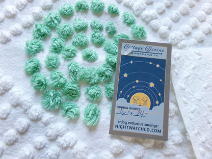 sweet shamrock green vintage chenille fabric, diamond circle pattern, 16" x 24" piece of white cotton sewing material for quilts, crafts