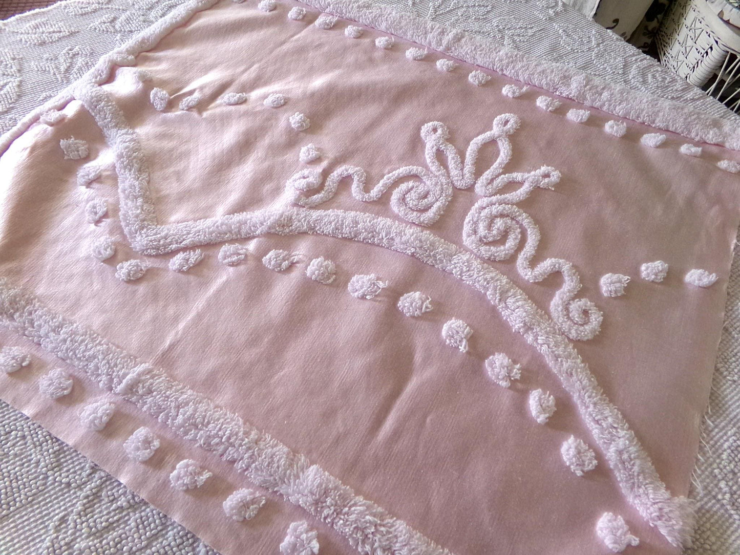 glamorous pink satin fabric piece with chenille tufting, 22" x 25" inch piece of luxury vintage sewing material for arts & crafts