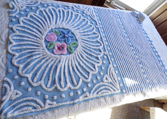 Beautiful Cottage Chic Doily Floral Vintage Chenille Fabric Piece, 25.5" x 38", for DIY Pillows & Quilts