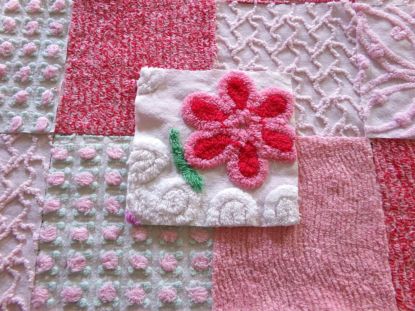 Sweet Kisses Chenille Fabric Squares Set in Pink, Red, White, 17 Blocks, 6" inch ea, Great Range of Textures & a Pretty Flower Block