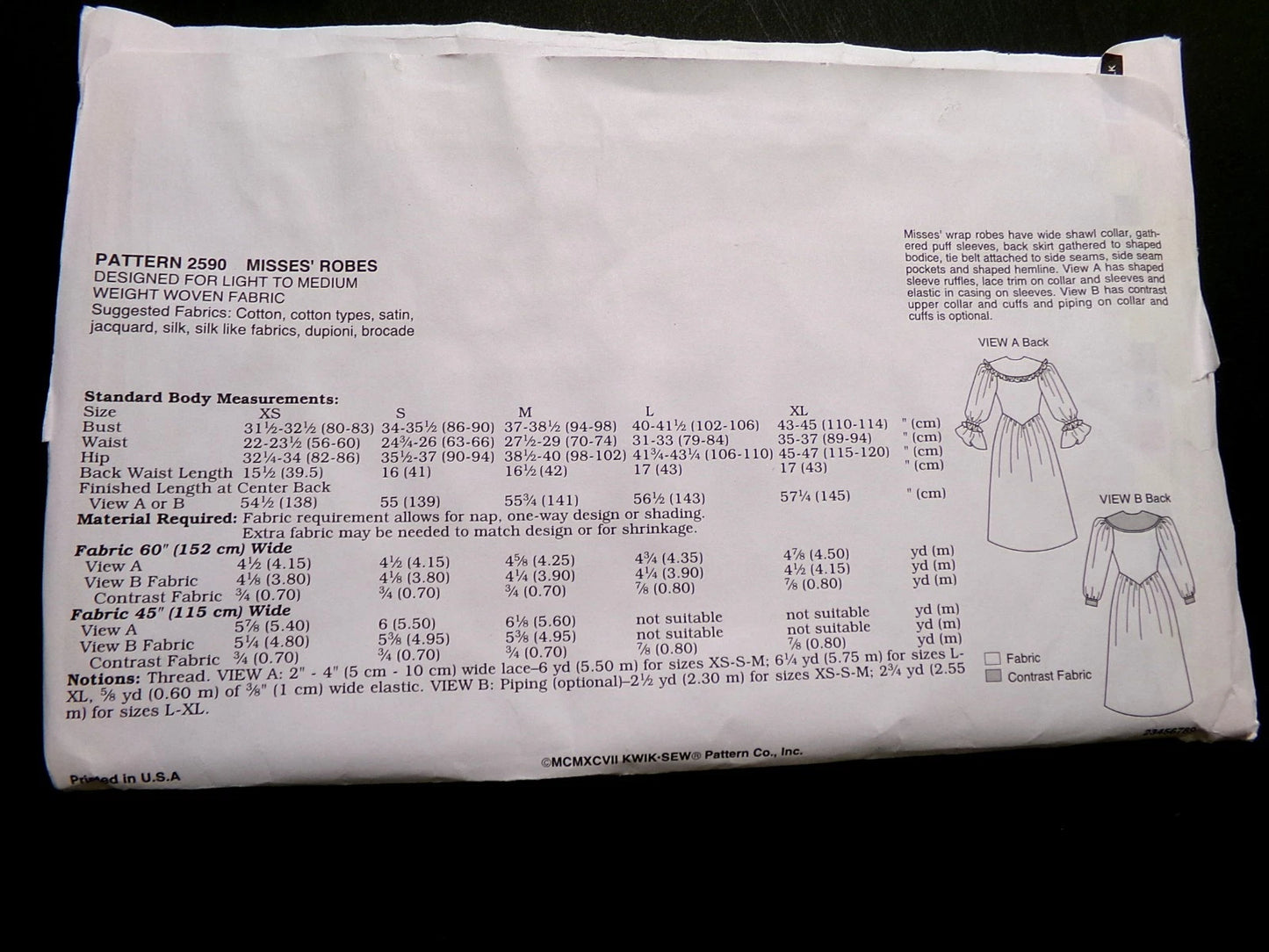 Vtg Kwik Sew 2590 Robe Sewing Pattern Romantic Womens Bathrobe Misses XS-XL OOP