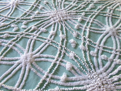 Striking Creamy Jade Green Vintage Chenille Bedspread Fabric, 19" x 23" inch Piece, White Spider Tuft Texturized Design
