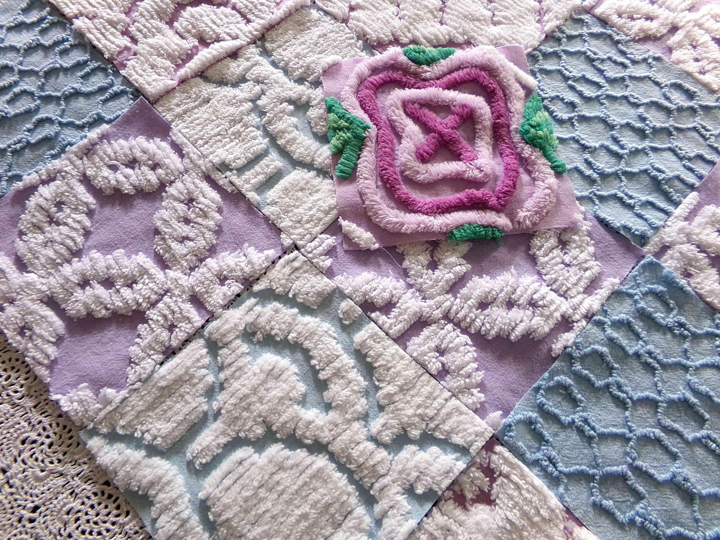 sleep softly chenille fabric squares, serene blue, lilac & white, 17 vintage quilt blocks 6" x 6" inch, for pillows, quilting, crafts