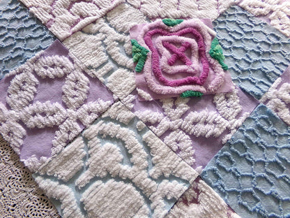 sleep softly chenille fabric squares, serene blue, lilac & white, 17 vintage quilt blocks 6" x 6" inch, for pillows, quilting, crafts