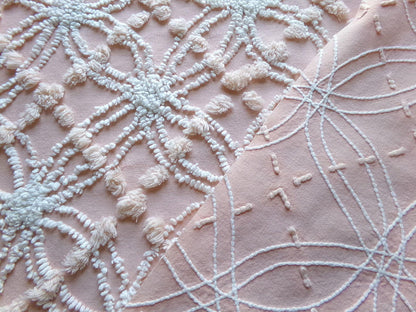 iced peach vintage chenille fabric, needletuft white wedding rings & overtufted pops, 20" x 24" piece sewing material for quilting, crafts