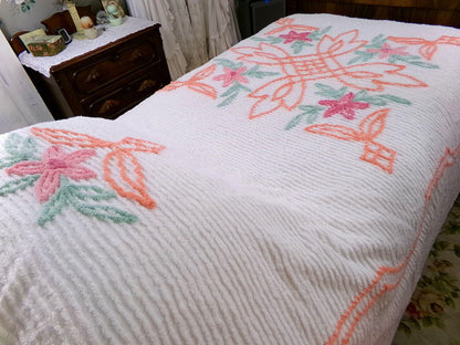 botanical white chenille bedspread, pink lily flowers & citrus orange scrollwork, full size cotton bedding, great summer coverlet
