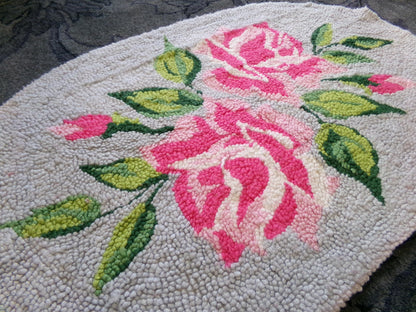 Cottage Shabby Vintage Oval Chenille Rug, Pink Roses on Grey, 20" x 33" Inches, Handmade Small Accent Mat, Cotton
