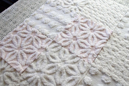 Baby's Breath Chenille Fabric Squares Set in White & Pink, Cut from Vintage Chenille Bedspread Material, 16 Blocks, 6" x 6" inch each
