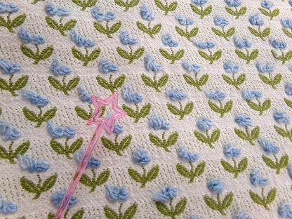 Tulip Garden Vintage Chenille Bedspread Fabric, Little Blue Flowers & Green Leaves, 12" x 24" inch Piece, Sewing Material for Quilts, Crafts