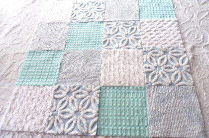 Barefoot on the Beach Chenille Quilt Squares Set from Vintage Bedspread Fabric, 16 Blocks, 6" x 6" inch, Coastal Blues & White