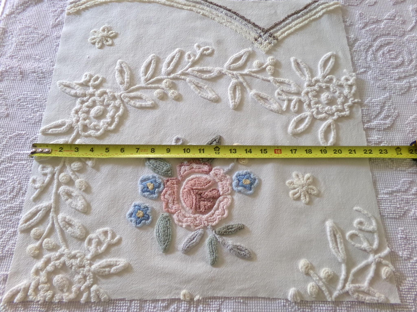 shabby chic chenille fabric, lovely needletuft rose floral design, 21" x 21" inch piece of vintage sewing material great for a pillow cover