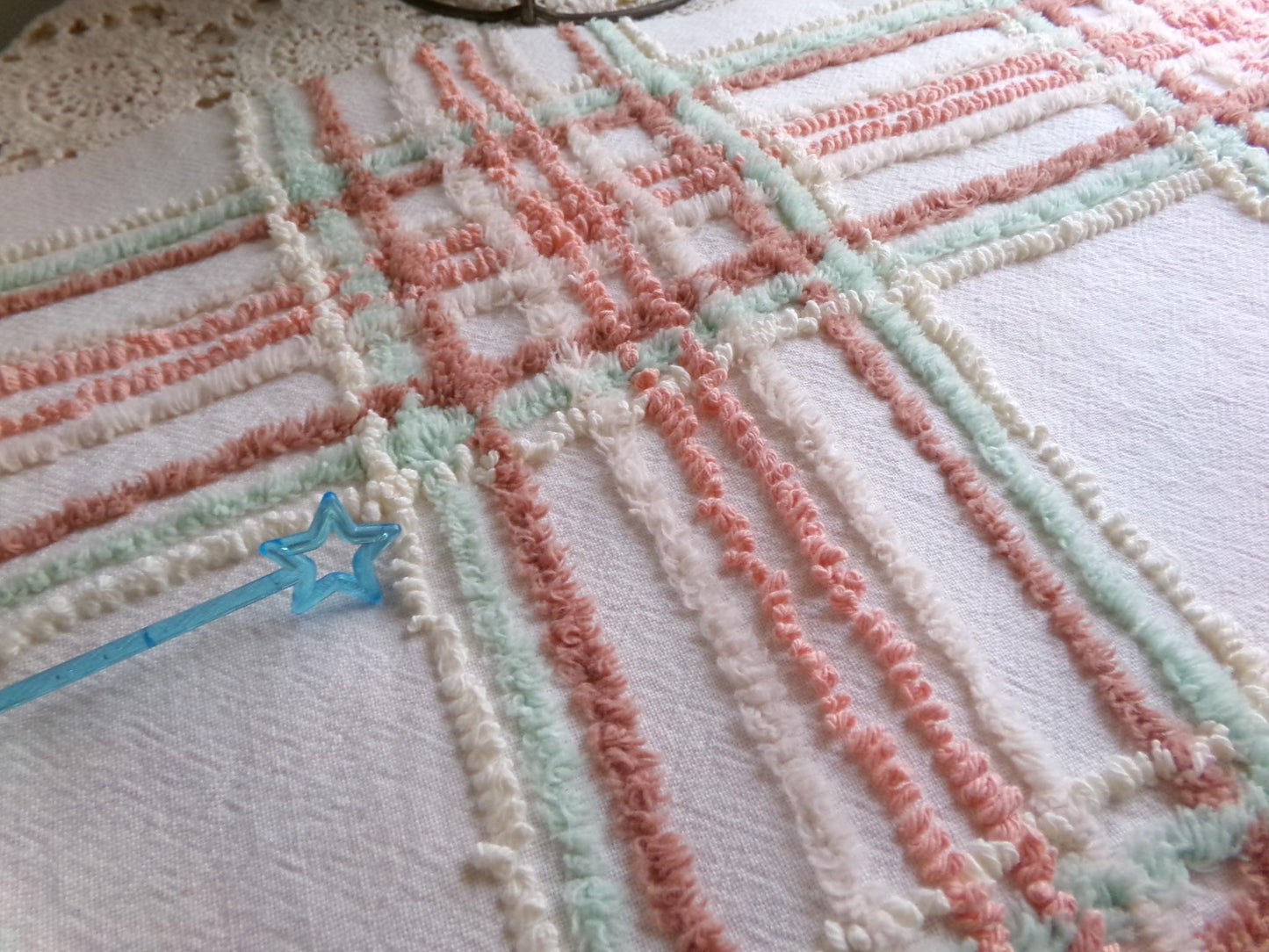 spring plaid vintage chenille fabric, cottage style sewing material for quilts, pillows & crafts, 17" x 27" inch piece