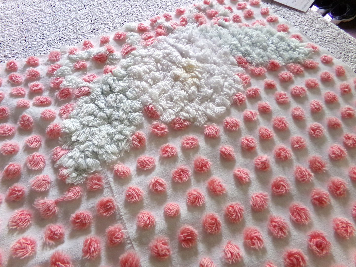 Darling White Lily Vintage Fabric, Handtufted Antique Chenille Pink & White Pops, 20" x 28" Inch Piece
