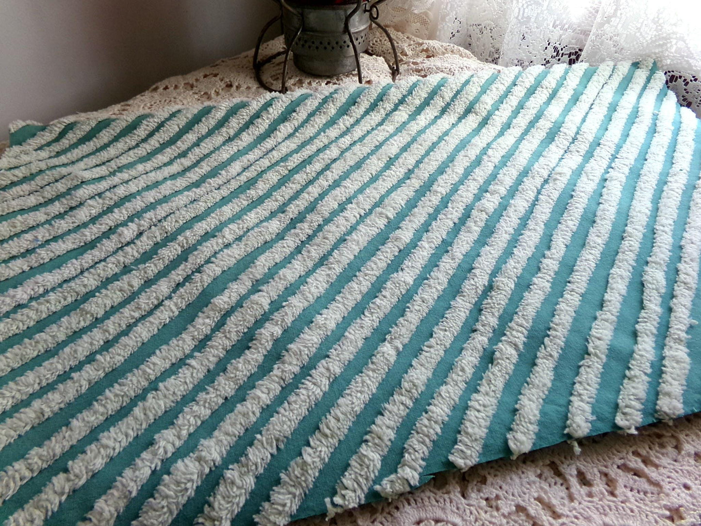 eyecatching plush stripes vintage chenille fabric, tonal green diagonal striped lines, 22" x 25" inch piece of sewing material
