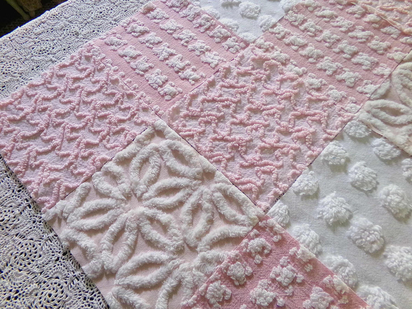 Whispertone Pink Quilt Squares Set from Vintage Chenille Bedspread Fabric, 16 Blocks, 6" x 6" inch