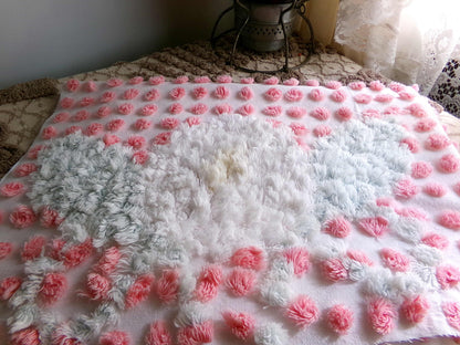Darling White Lily Vintage Fabric, Handtufted Antique Chenille Pink & White Pops, 20" x 28" Inch Piece