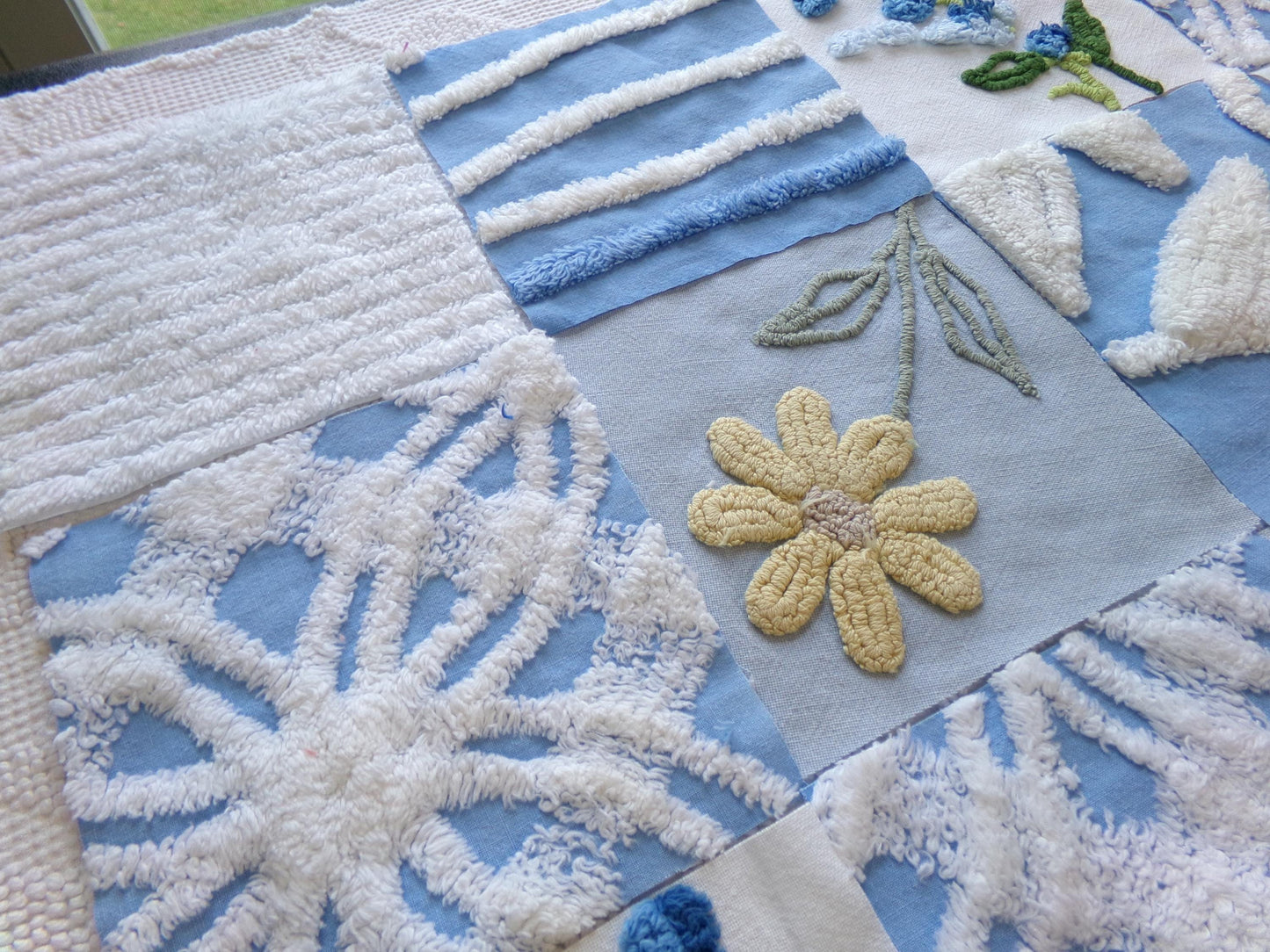 meadow skies vintage chenille fabric squares, set of 16 serene 6" quilt blocks, geometrics, daisy & lupine flowers for crafts, sewing