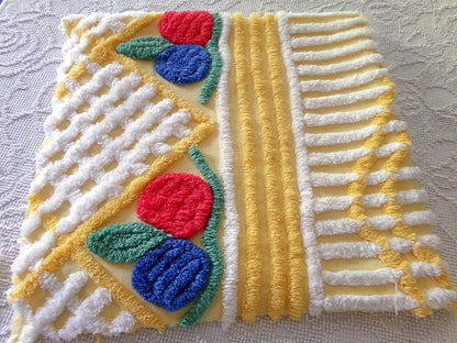 Happy Vintage Chenille Fabric, Red & Blue Rosettes on Yellow Geometric, 29" x 30" inch piece
