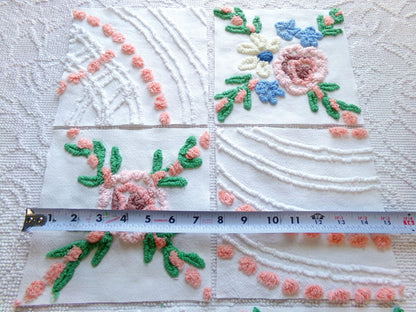 vintage 7.5" chenille fabric squares, set of 6 cottage style quilt blocks, peach, white rose floral & geometric for sewing, crafts, quilting