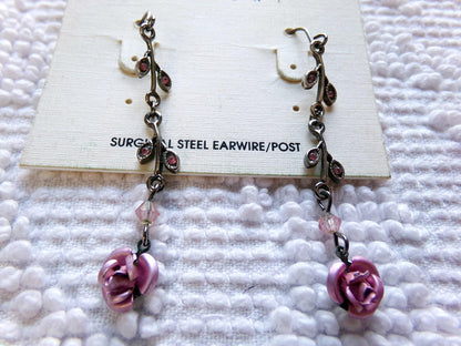 Simple Pink Rose Dangle Pierced Earrings, Vintage Silver Forest Boho Style Jewelry, Dainty Floral With Pink Faux Stones in Little Leaves