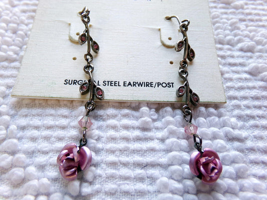 Simple Pink Rose Dangle Pierced Earrings, Vintage Silver Forest Boho Style Jewelry, Dainty Floral With Pink Faux Stones in Little Leaves