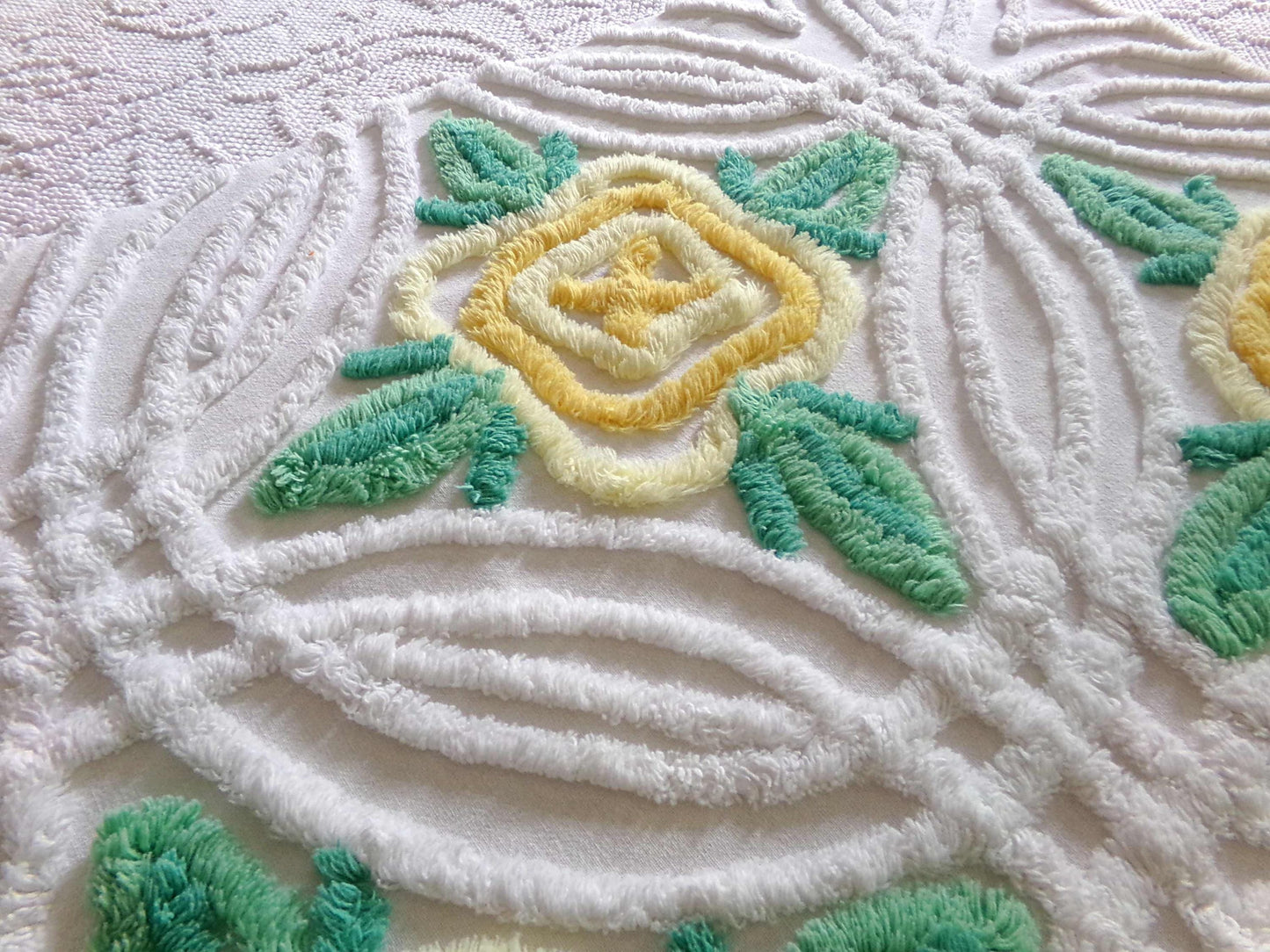 Shabby Chic Chenille Fabric, Yellow Cabbage Roses on White Cotton, 30" x 17" inch Piece, Pretty in Pillows & Quilts