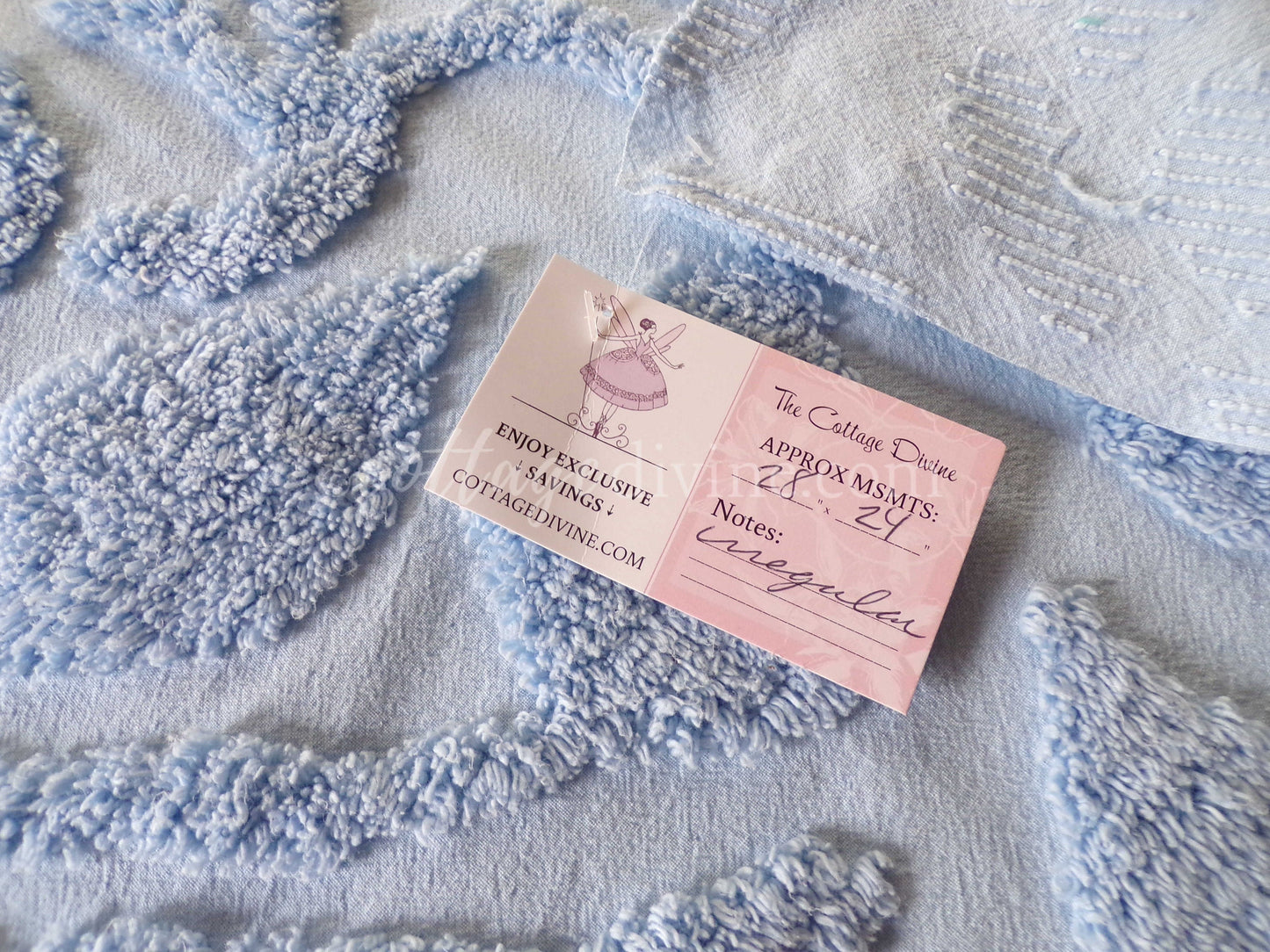 Sculpted Rose Vintage Chenille Quilt Fabric, 28" x 24" inch Piece, Tranquil Dusty Blue Cotton