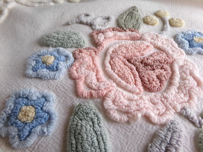 shabby chic chenille fabric, lovely needletuft rose floral design, 21" x 21" inch piece of vintage sewing material great for a pillow cover