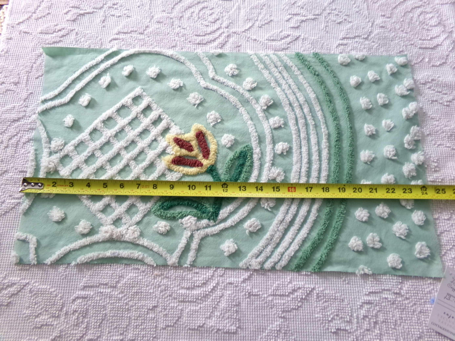 cutest springtime tulip vintage fabric, 13" x 23" inch piece cut from a chenille bedspread, mint green floral sewing material