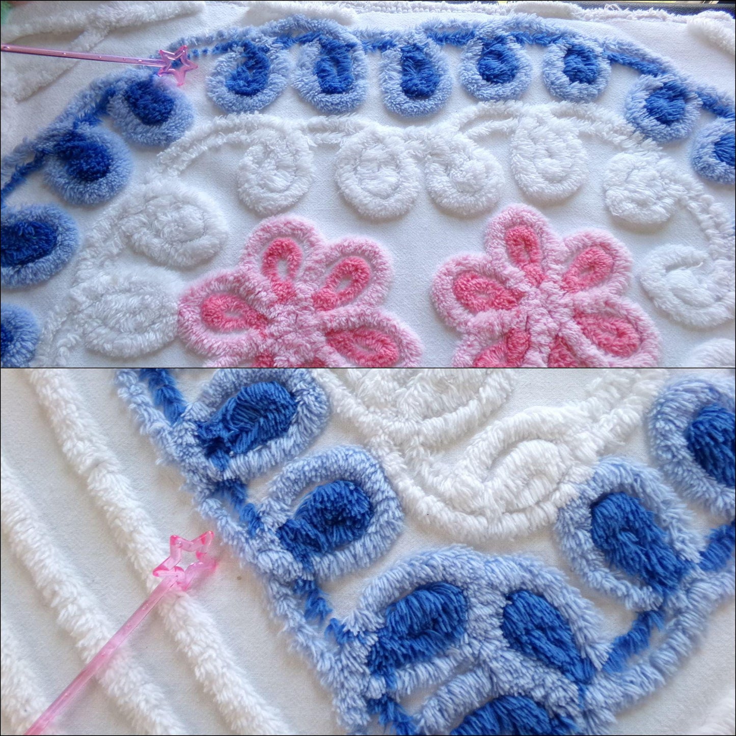 sweet 'n shabby vintage chenille fabric, pink & blue rose heart design, 24" x 25" piece of sewing material