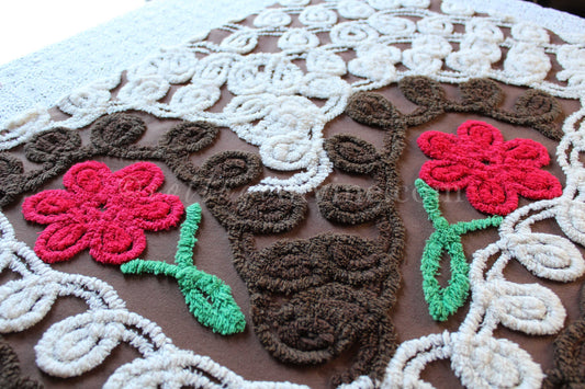 Devil's Food Chocolate Cherry Cake Vintage Chenille Fabric, 20" x 24" Inch Piece, Rich Decadent Colors