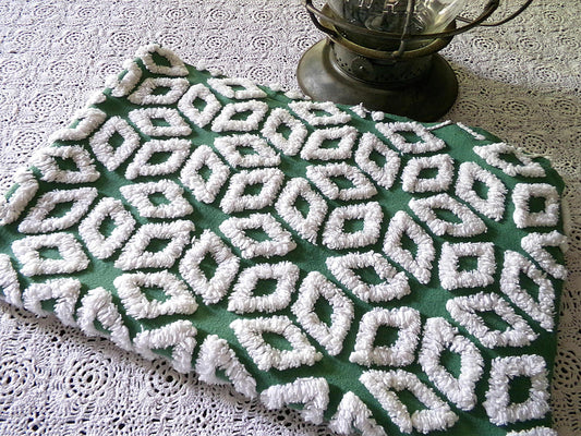 Forest Green Snowflakes Vintage Chenille Material, 18" x 25" inch Fabric Piece, 100% Cotton, Geometric Wedge White Snowflake Design
