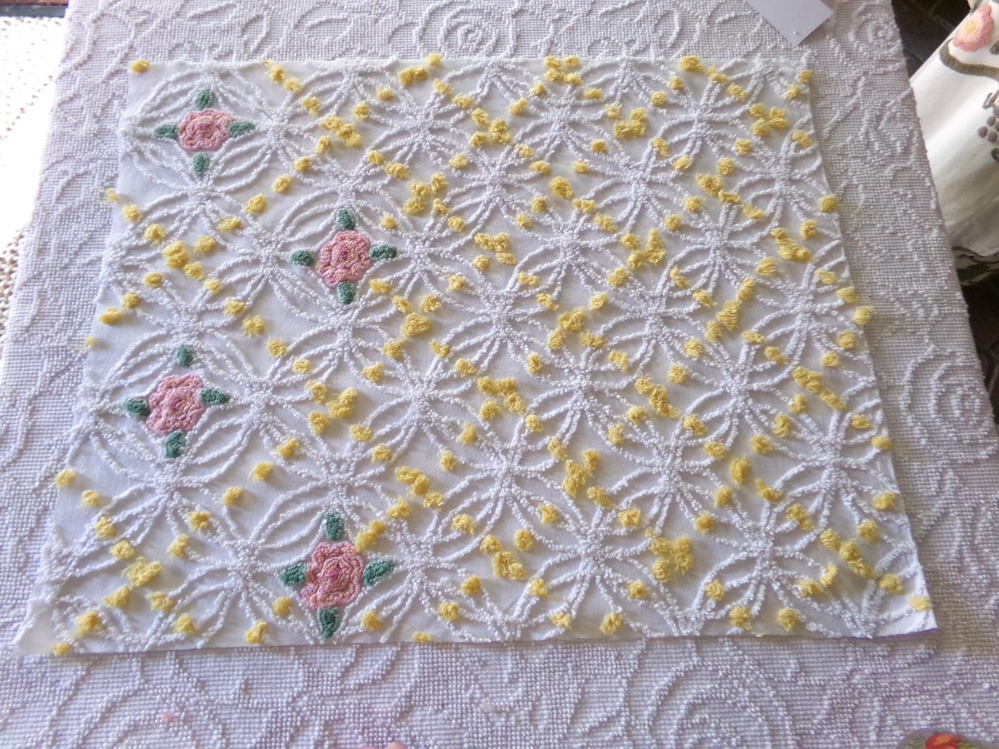 pink roses chenille fabric with goldenrod yellow pops, shabby chic vintage 20" x 24" inch piece of quilt material
