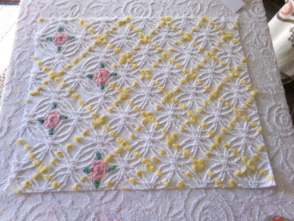 pink roses chenille fabric with goldenrod yellow pops, shabby chic vintage 20" x 24" inch piece of quilt material