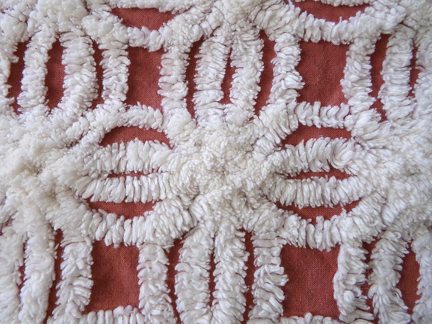 Earthy Terracotta Vintage Chenille Fabric, Plush White Tufted Petal Design, 20" x 24" inch Piece, 100% Cotton Material for Quilts & Crafts