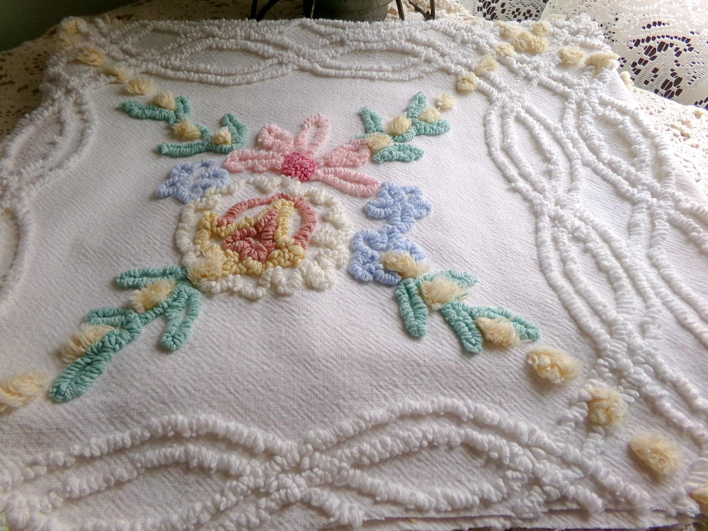 so shabby sweet vintage chenille fabric, needletuft florals with buttercup yellow puffs, 24"x 26" inch piece of quilt & sewing material