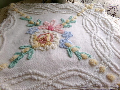 so shabby sweet vintage chenille fabric, needletuft florals with buttercup yellow puffs, 24"x 26" inch piece of quilt & sewing material