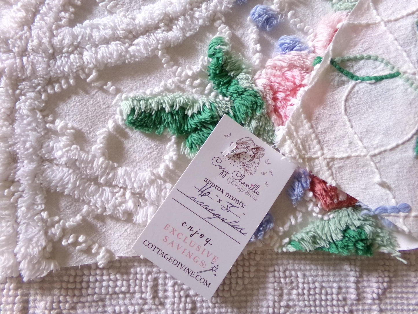 breezy rose floral fabric piece, vintage chenille country cottage style sewing material, 16" x 35" inch piece, white cotton