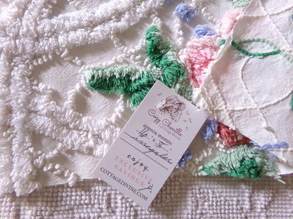breezy rose floral fabric piece, vintage chenille country cottage style sewing material, 16" x 35" inch piece, white cotton