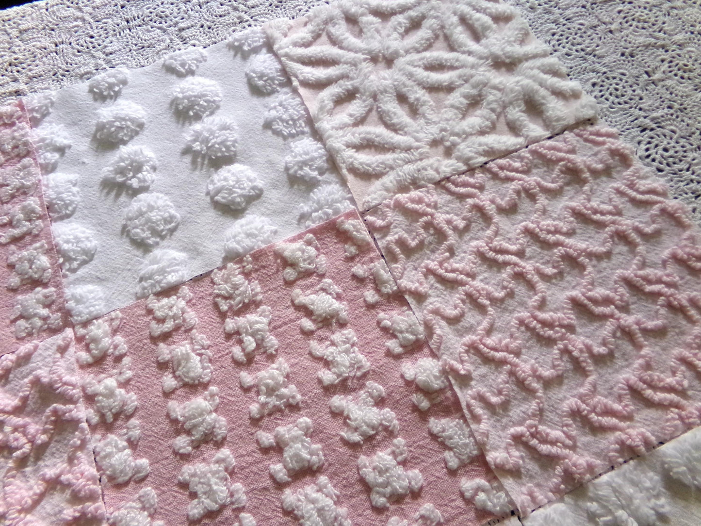 Whispertone Pink Quilt Squares Set from Vintage Chenille Bedspread Fabric, 16 Blocks, 6" x 6" inch