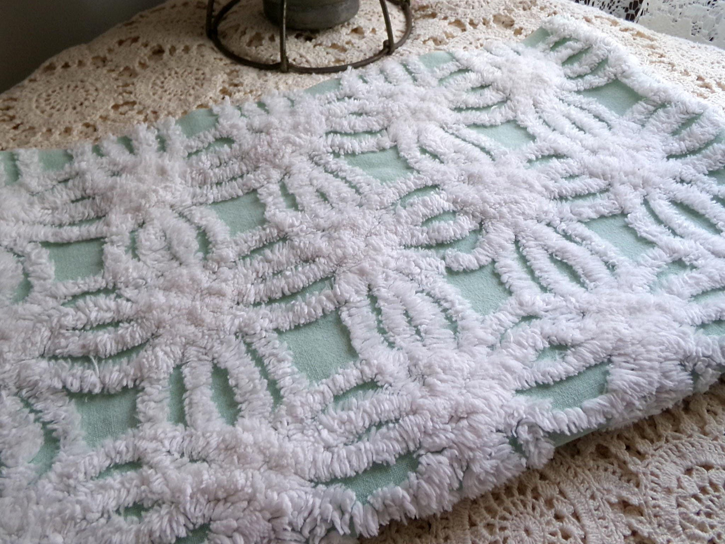 mint green chenille fabric, plush white wedding rings, 18" x 26" inch piece cut from vintage chenille bedspread