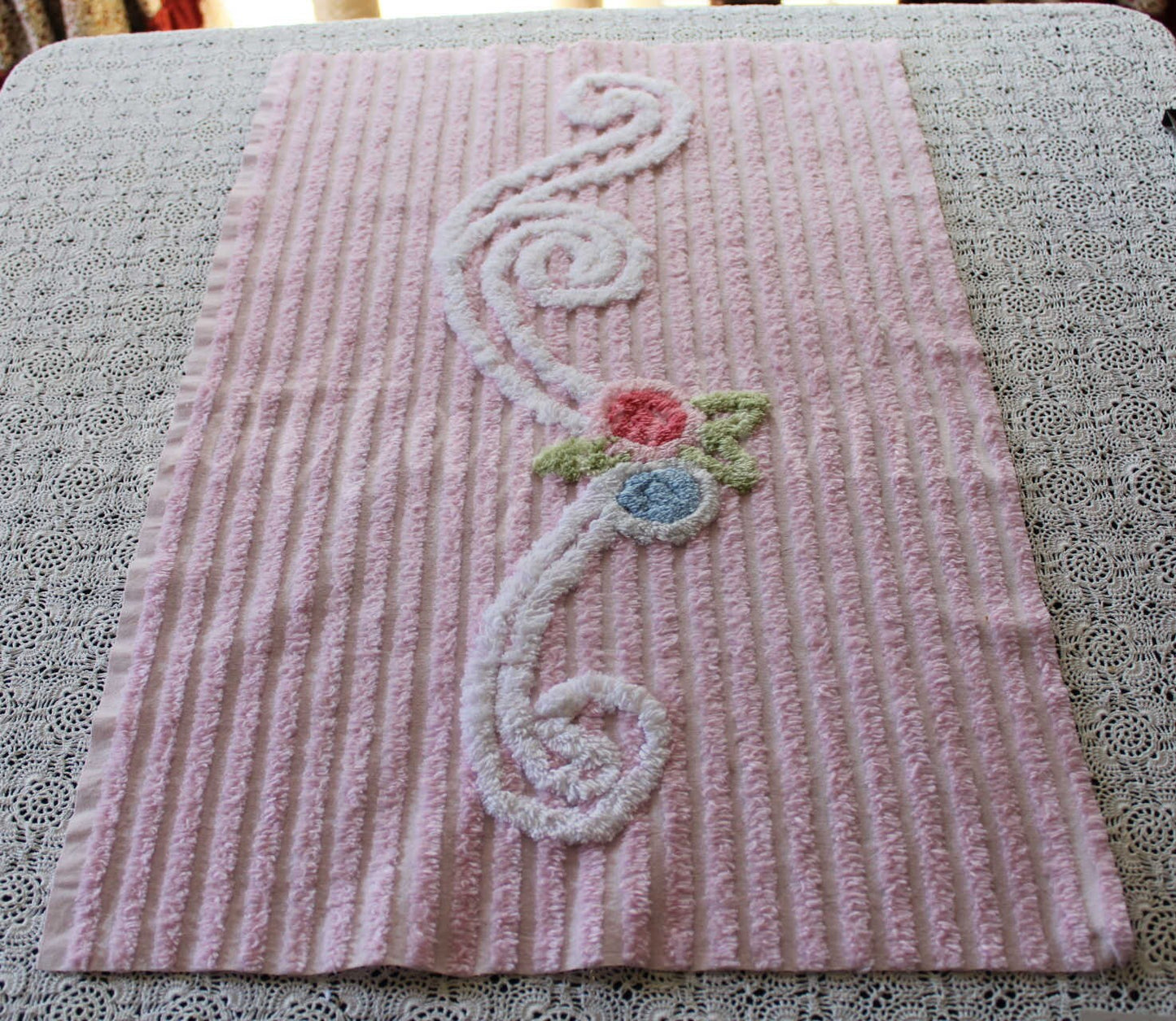 Simple Pink Floral Scroll Vintage White Chenille Fabric, 26" x 17" inch Piece, Great for Pillow Front