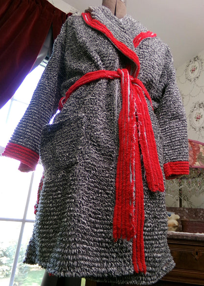 Vintage Chenille Peacock Robe, Short Length Bathrobe or Coverup, Salt 'n Pepper Black & White w/ Red Accents, Handmade