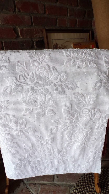 Cabbage Rose Dainty Dot Vintage White Chenille Fabric, 20" x 30" inch Piece, Versatile in Quilts, Pillows & Tote Bags
