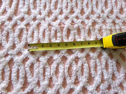 plush white eternity link chenille fabric on peach cotton seersucker, 19" x 25" inch piece of sewing material